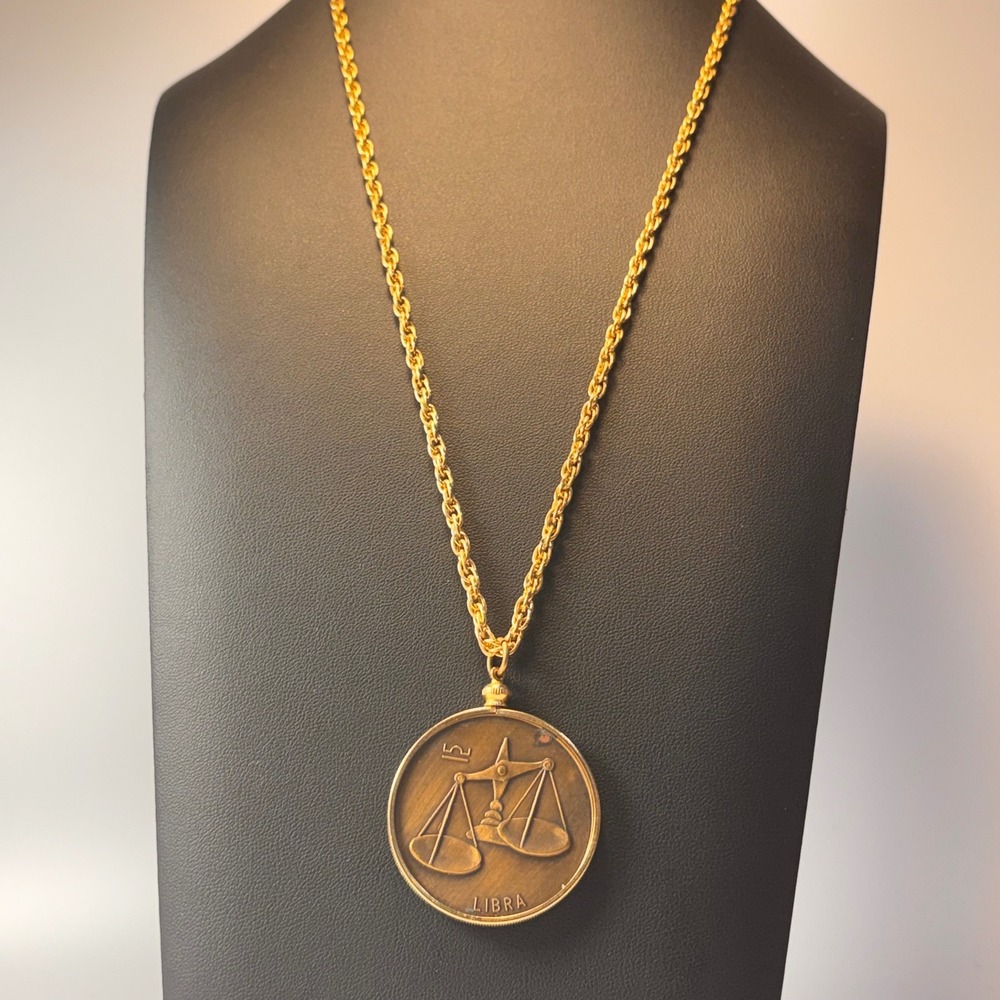 Vintage Libra Zodiac Medallion Gold Tone Rope Chain Necklace Statement Celestial